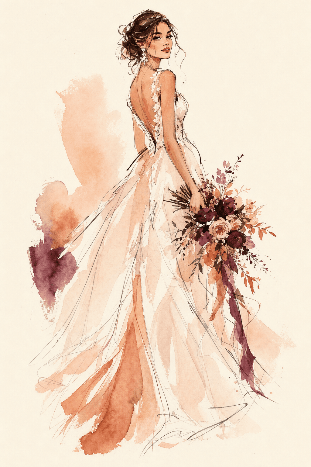 A bride, drawn live in ink and watercolour