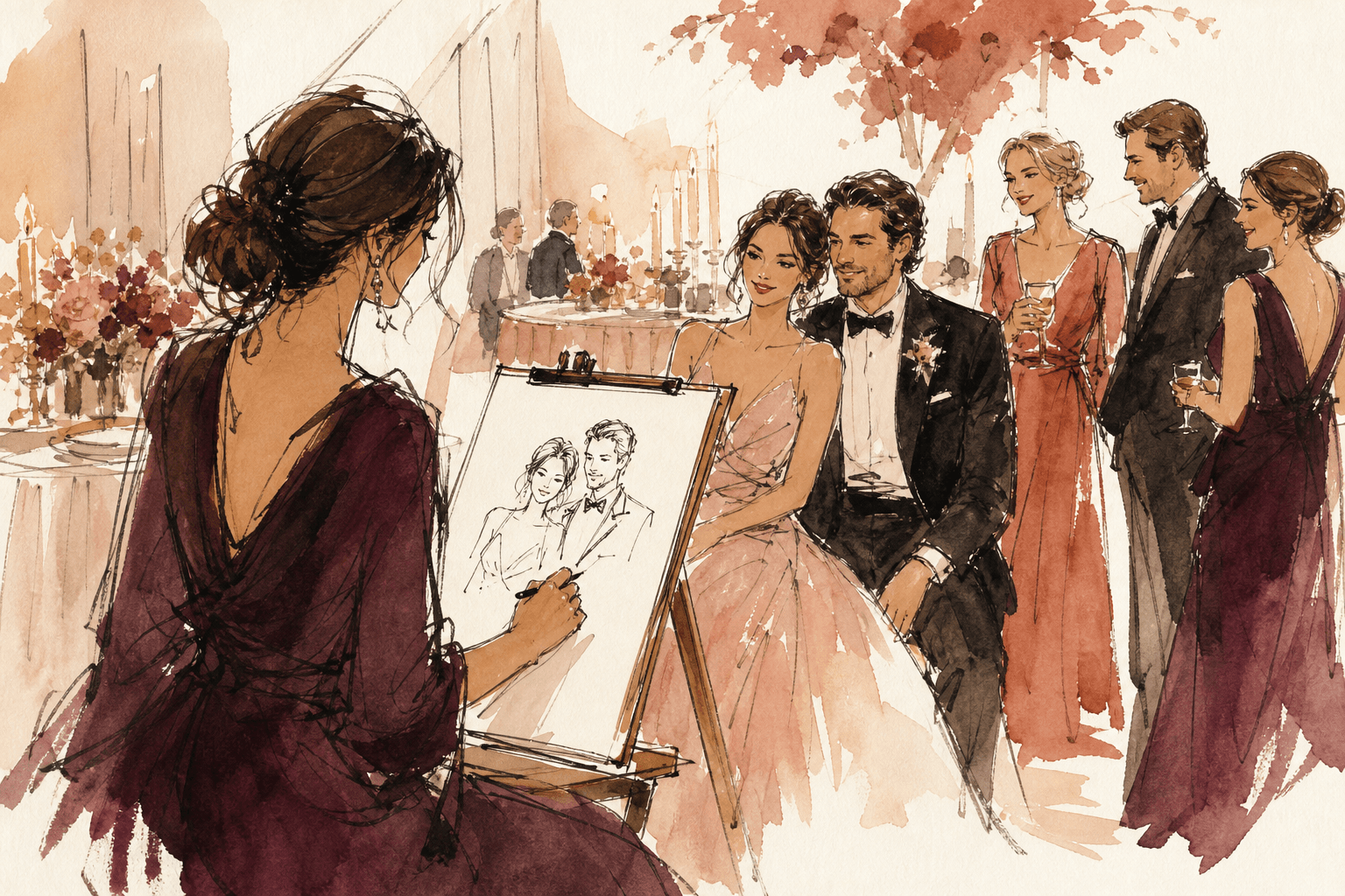 An illustrator sketching live at a candlelit reception